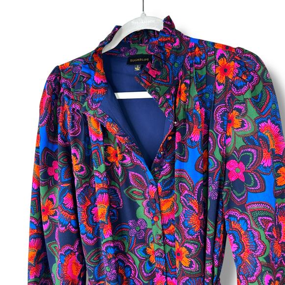 Sugarlips NWOT Rainbow Floral Print Crew Neck Button Tie Waist Mini Dress Small - Picture 7 of 11